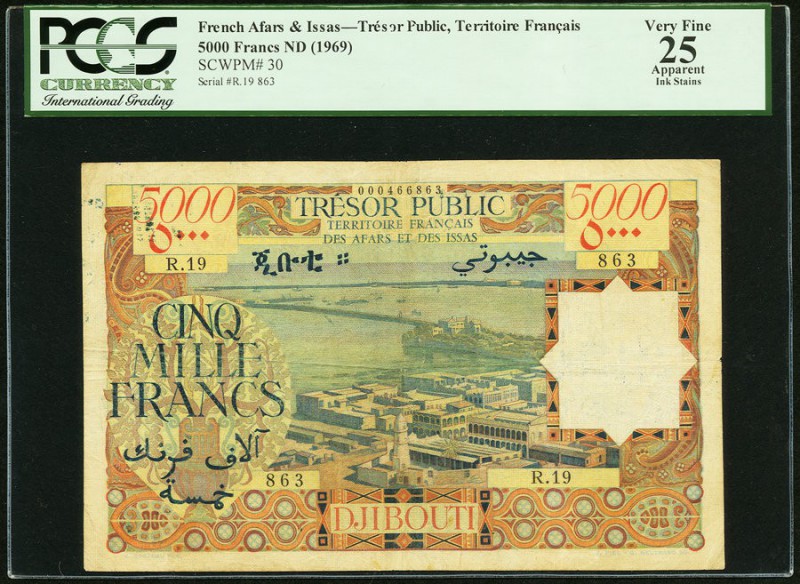 French Afars and Issas Tresor Public 5000 Francs ND (1969) Pick 30 PCGS Very Fin...