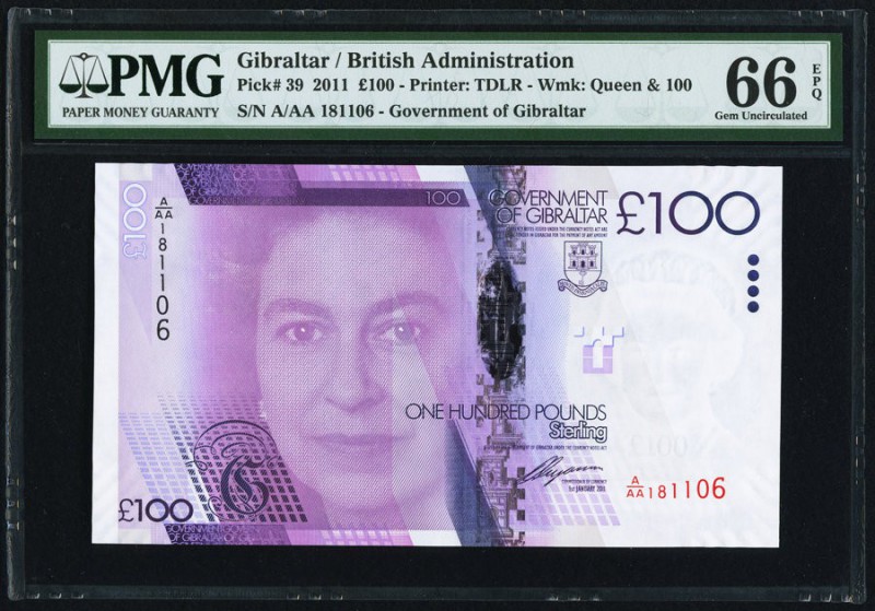Gibraltar Government of Gibraltar 100 pounds 1.1.2011 Pick 39 PMG Gem Uncirculat...