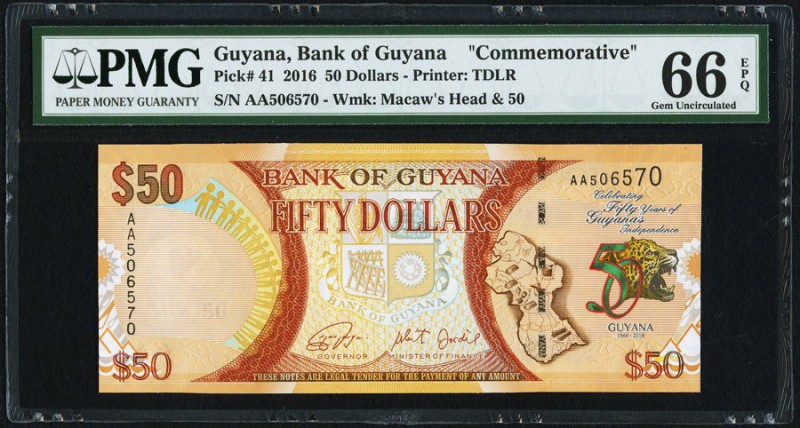 Guyana Bank of Guyana 50 Dollars 2016 Pick 41 "Commemorative" PMG Gem Uncirculat...