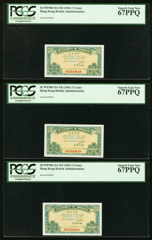 Hong Kong Government of Hong Kong 5 Cents ND (1941) Pick 314 Three Consecutive E...