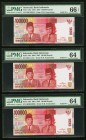 Indonesia Bank Indonesia 100,000 Rupiah 2004/2007 Pick 146c Three Solid Serial Number Examples PMG Gem Uncirculated 66 EPQ; Choice Uncirculated 64 (2)...