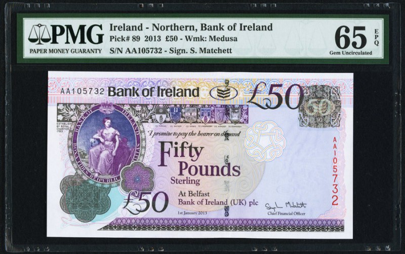 Ireland Northern Bank Limited 50 Pounds 2013 Pick 89 PMG Gem Uncirculated 65 EPQ...