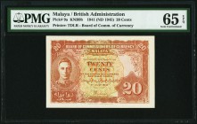 Malaya Board of Commissioners of Currency 20 Cents 1.7.1941 Pick 9a PMG Gem Uncirculated 65 EPQ. Popular, small change issue. First text variety for t...