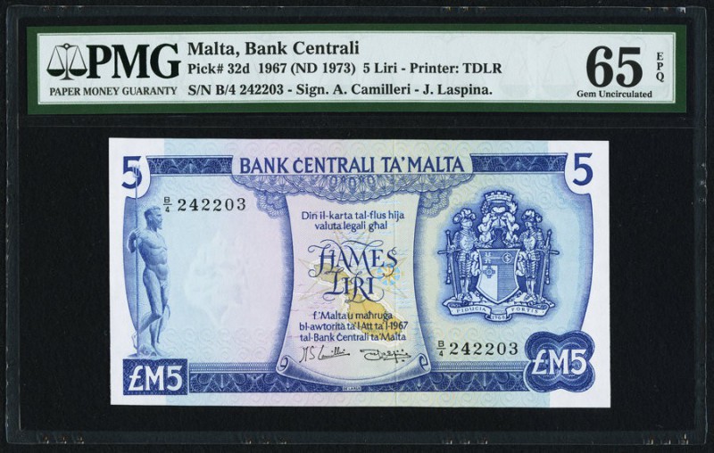 Malta Bank Centrali ta' Malta 5 Liri 1967 (ND 1973) Pick 32d PMG Gem Uncirculate...