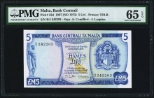 Malta Bank Centrali ta' Malta 5 Liri 1967 (ND 1973) Pick 32d PMG Gem Uncirculated 65 EPQ. A beautiful example of this middle denomination and very sel...