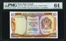 Malta Bank Centrali ta' Malta 10 Liri 1967 (ND 1973) Pick 33a PMG Choice Uncirculated 64. Handsome, largest sized, highest denomination issue. Very sc...