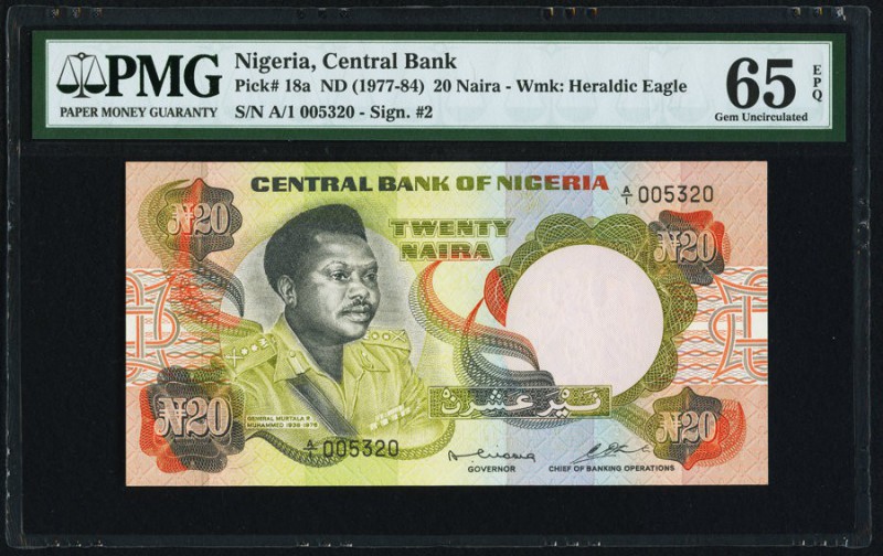 Nigeria Central Bank of Nigeria 20 Naira ND (1977-84) Pick 18a PMG Gem Uncircula...