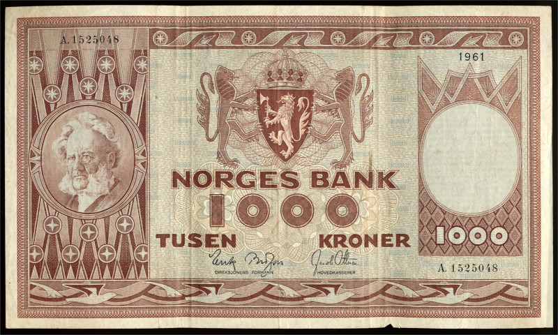 * 1000 Kroner 1961 A1525048 Fedafunnet Kv 1- (F), From Fedafunnet. A school clas...