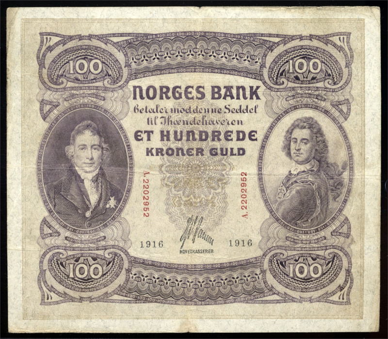 100 Kroner 1916 A2202952 Kv 1-/2 (F), Scarce banknote, general wear and tear, so...