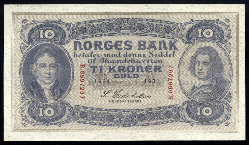 * 10 Kroner 1931 R0597297 Kv 0- (UNC), Slight evidence of handling, but no folds...