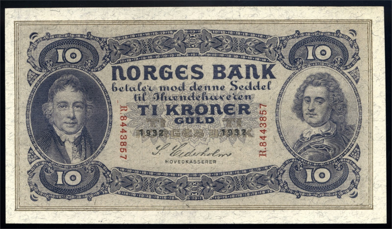 * 10 Kroner 1932 R8443857 Kv 0/01 (AU), Slight handling marks, but still crisp a...