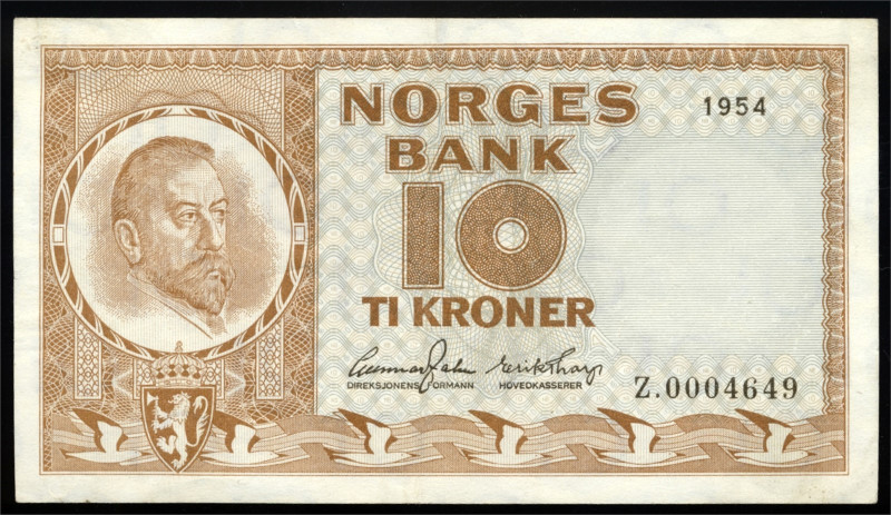 * 10 Kroner 1954 Z0004649 Jahn/Thorp Kv 1+ (XF), Scarce Replacement banknote. Gr...