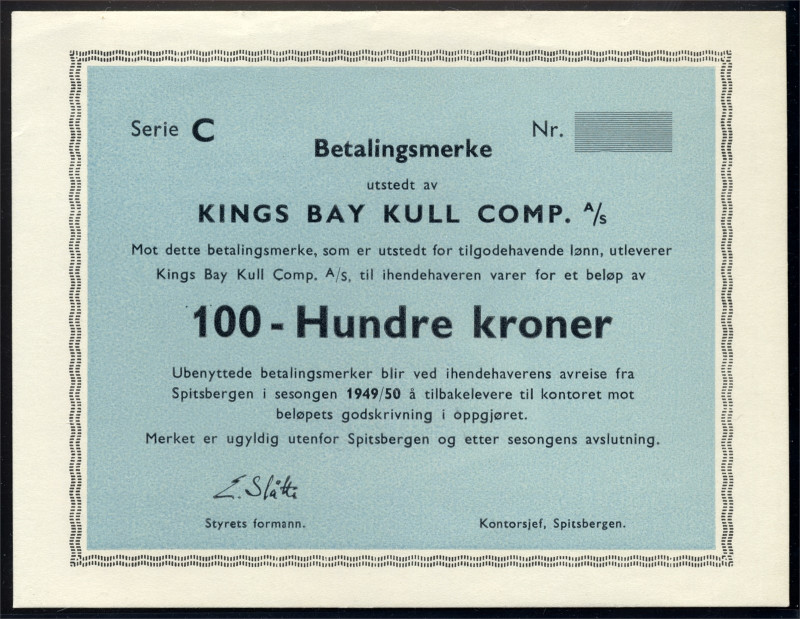 * KINGS BAY. 100 Kroner 1949/50 Blankett/remainder Kv 0- (UNC), Small crease but...