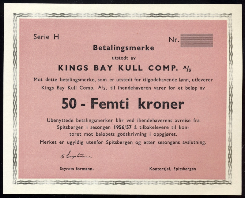 * KINGS BAY. 50 Kroner 1956/57 Blankett/remainder Kv 0- (UNC), Unfolded, one tin...