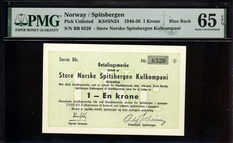 * Store Norske Spitsbergen Kullkompani 1 Krone 1948/49 Bb 3300 PMG65EPQ, Extreme...