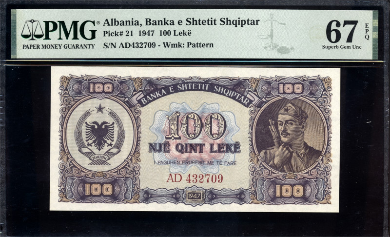 * ALBANIA. 100 Leke 1947 AD432709 PMG 67EPQ TOP POP, Pick 21. Sole finest in the...