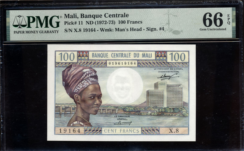 * MALI. 100 Francs 1972-73 X8 19164 PMG66EPQ, Pick11. Scarce condition on this b...