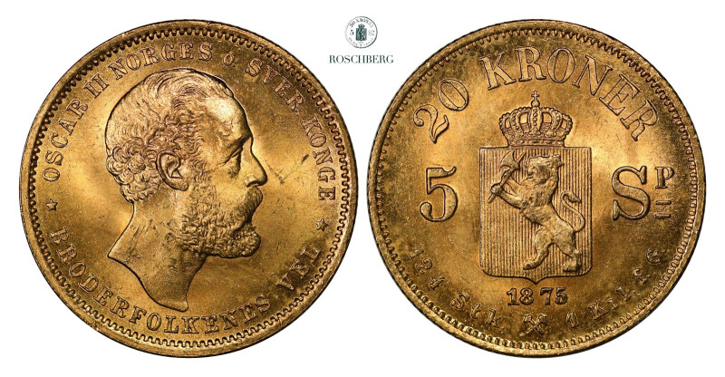 * 20 Kroner / 5 Sp. 1875 Kv 0/01 (UNC), KM-348. Grade: 0/01 (UNC) Valuation: 700...