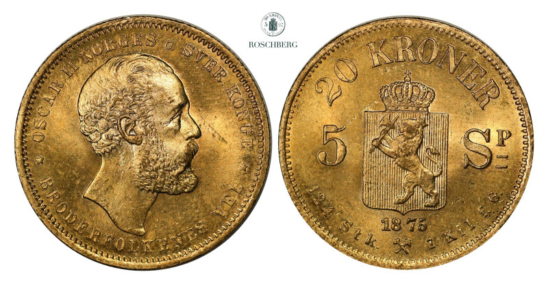 * 20 Kroner / 5 Sp. 1875 Kv 0/01 (UNC), KM-348. Grade: 0/01 (UNC) Valuation: 700...