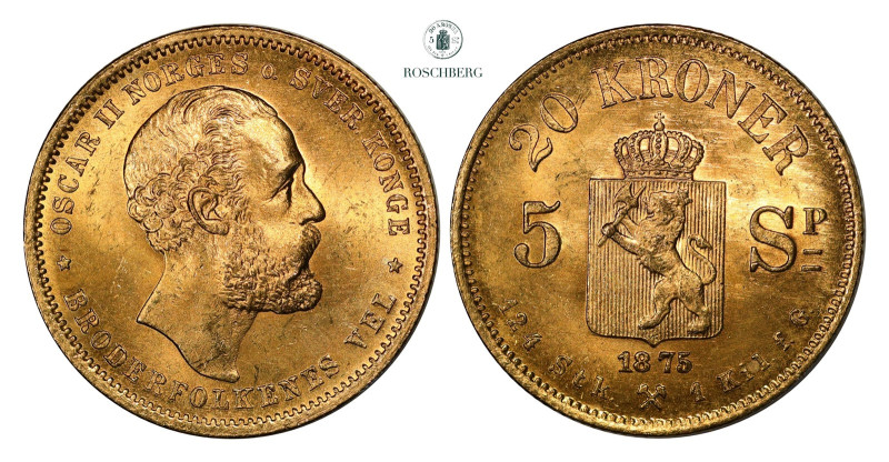 * 20 Kroner / 5 Sp. 1875 Kv 0/01 (UNC), KM-348. Grade: 0/01 (UNC) Valuation: 700...