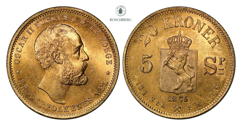 * 20 Kroner / 5 Sp. 1875 Kv 0/01 (UNC), KM-348. Grade: 0/01 (UNC) Valuation: 700...