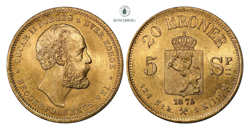 * 20 Kroner / 5 Sp. 1875 Kv 01 (UNC), KM-348. Grade: 01 (UNC) Valuation: 7000-80...