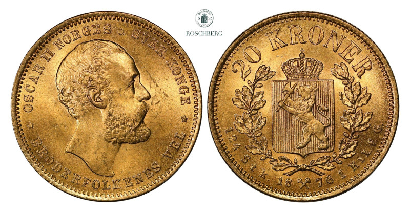 * 20 Kroner 1876 Kv 0/01(UNC), KM-355. Grade: 0/01 (UNC) Valuation: 7000-8000