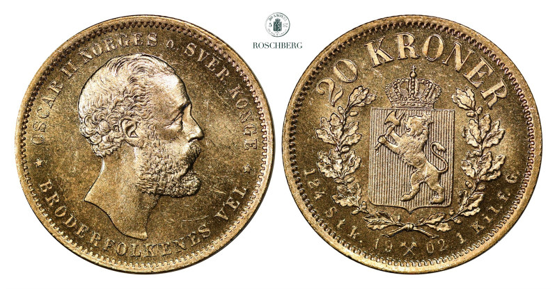 * 20 Kroner 1902 Kv 0/01(UNC), KM-355. Grade: 0/01 (UNC) Valuation: 7000-8000