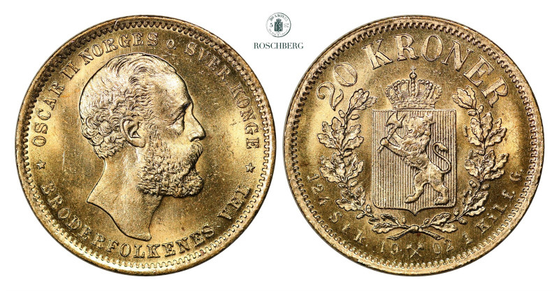 * 20 Kroner 1902 Kv 0/01(UNC), KM-355. Grade: 0/01 (UNC) Valuation: 7000-8000