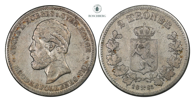 2 Kroner 1885 Kv 1 (VF), KM-359. Slightly Cleaned, yet an accetable coin Grade: ...