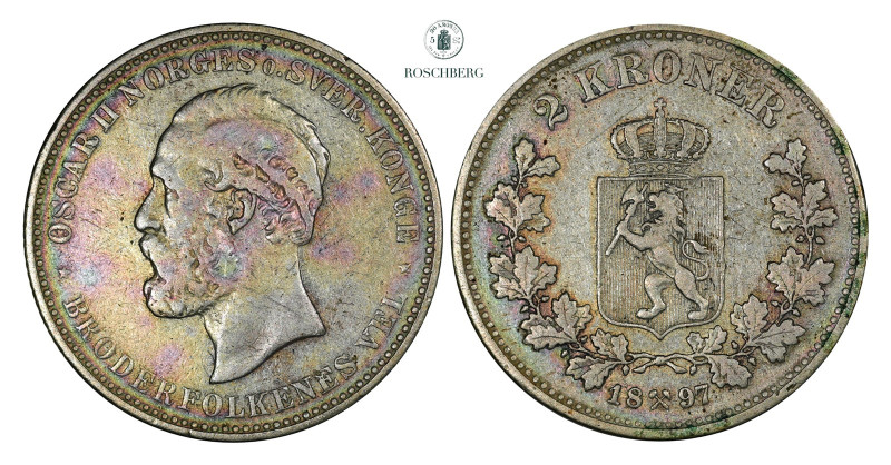 2 Kroner 1897 Kv 1 (VF), KM-359. Old cleaning, however a pleasing patina has rec...