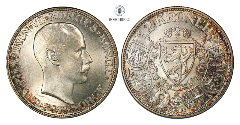 2 Kroner 1910 Kv 0 (UNC), KM-370. Wonderful patina. A tiny hairline scratch belo...