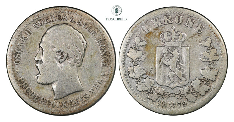 1 Krone 1879 Kv 1- (VG), KM-357. Better date. Usually always very worn. Grade: 1...