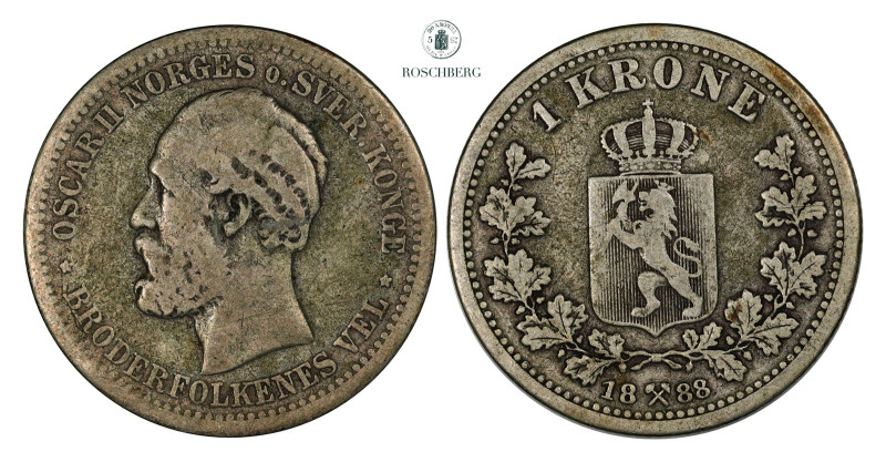 1 Krone 1888 Kv 1/1- (F), KM-357. Acceptable coin of this better date. Grade: 1/...