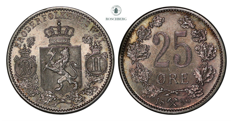 25 Øre 1896 Kv 0/01 (UNC), KM-360. Grade: 0/01 (UNC) Valuation: 1200-1500