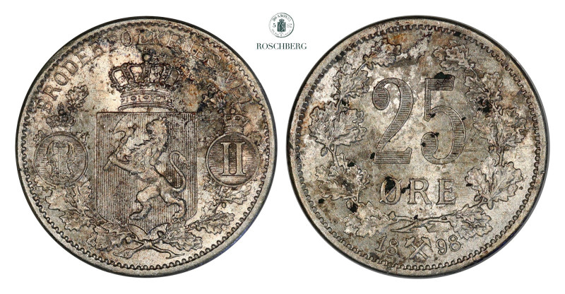 25 Øre 1898 Kv 01 (AU), KM-360. Small stains, however very good luster. Grade: 0...