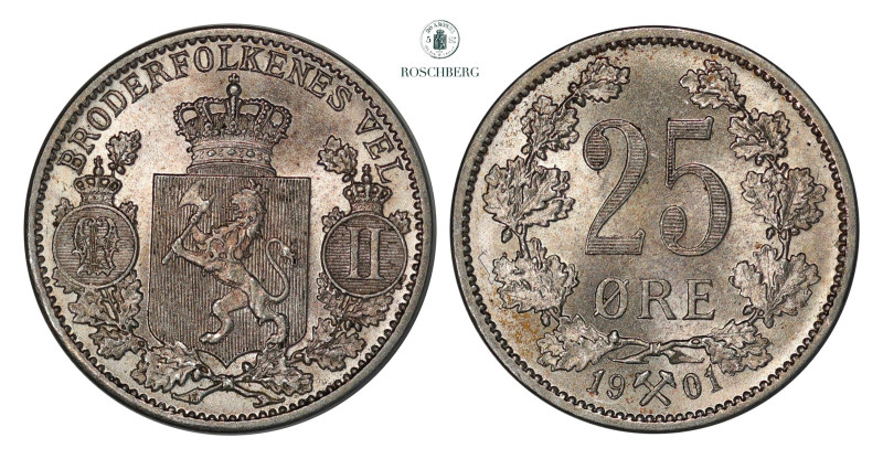 25 Øre 1901 Kv 0 (UNC), KM-360. Lustrous and with a hint of champagne tone. Grad...