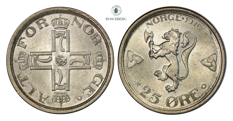 * 25 Øre 1918 Kv 0 (UNC), KM-373. Grade: 0 (UNC) Valuation: 1200-1500