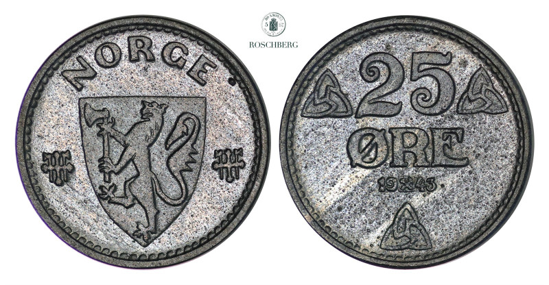 25 Øre 1943 PRAKT, KM-395. Could possibly the sharpest struck we have seen of th...