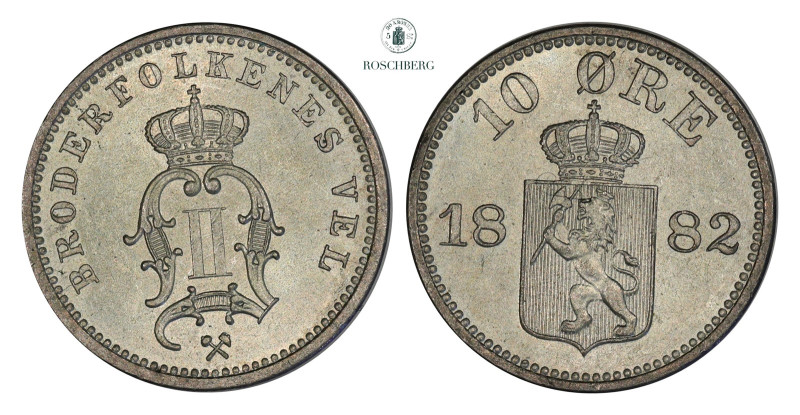 10 Øre 1882 Kv 0 (UNC), KM-350. Pristine coin. A very hard date to find this nic...