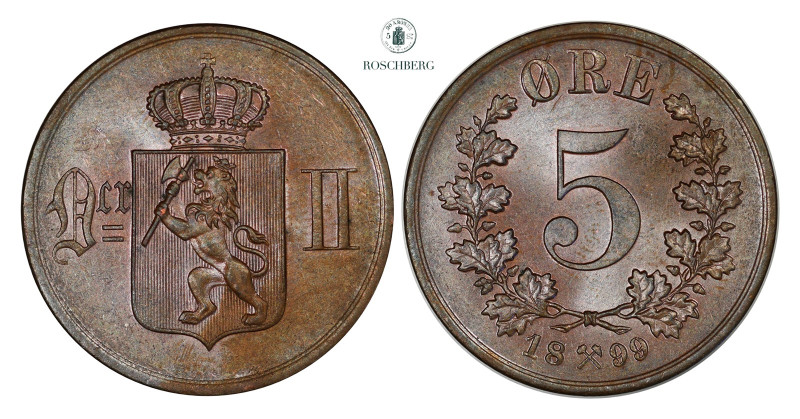 5 Øre 1899 Kv 0 (UNC), Lovely chocolate colour, good luster. Grade: 0 (UNC) Valu...