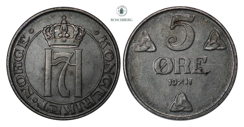 5 Øre 1917 Kv 0 (UNC), KM-368a. Well struck, complely black as struck. Grade: 0 ...