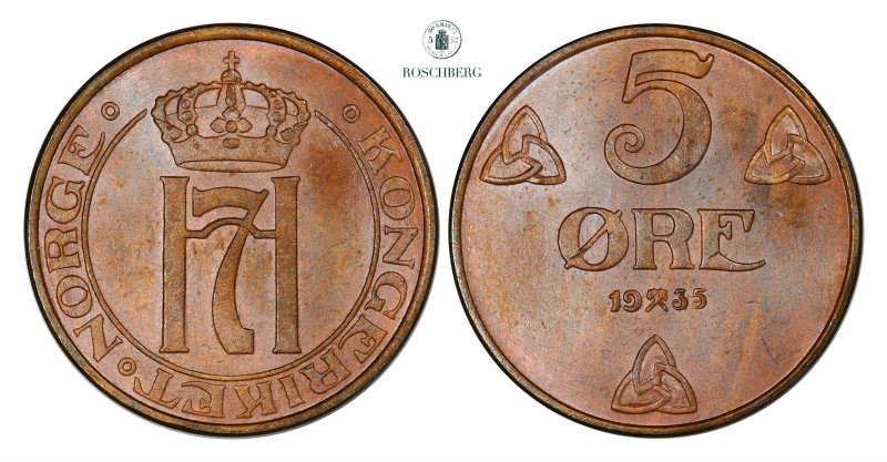 5 Øre 1935 Kv 0 (UNC), KM-368. Somewhat better date, fine light brown colour. Gr...