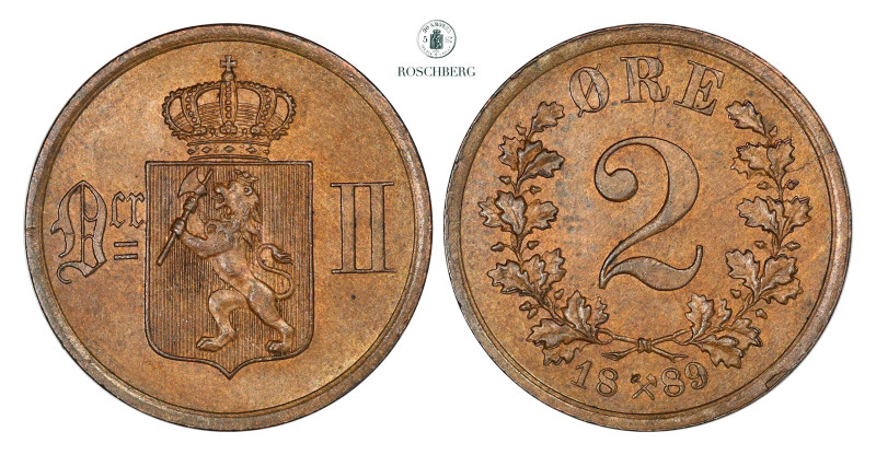 2 Øre 1889 Kv 0 (UNC), KM-353. Nice even brown colour. Grade: 0 (UNC) Valuation:...