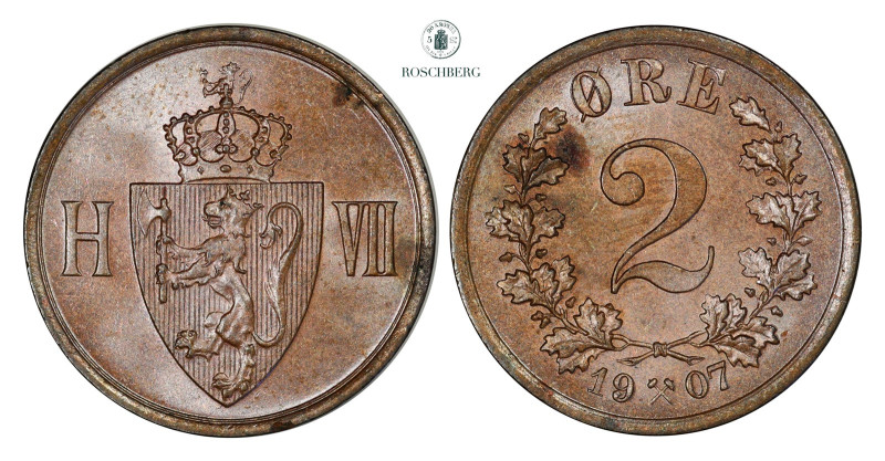 2 Øre 1907 Kv 0 (UNC), KM-362. Some small spots, yet an impressive yellowish col...