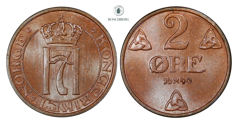 * 2 Øre 1940 Kv 0 (Choice), KM-371. Very lustrous, some die polish lines. Grade:...