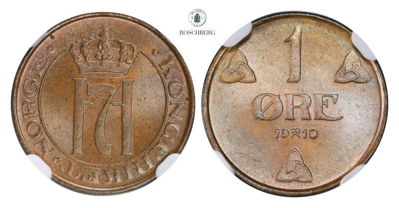 * 1 Øre 1910 NGC MS64BN, KM-367. Beautiful light colour, and a sparkling luster....