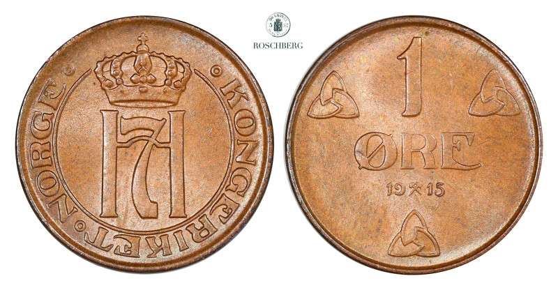 1 Øre 1915 Kv 0 (UNC), KM-367. The absolute keydate to the series. This specimen...