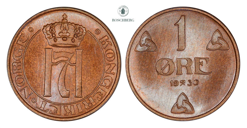 1 Øre 1930 PRAKT, KM-367. A prooflike or special strike. Mirrored surfaces, and ...