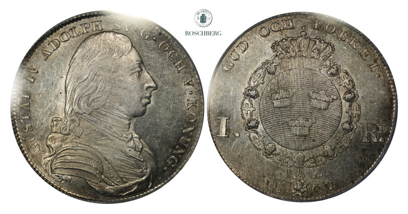 * SWEDEN. 1 Riksdaler 1807-OL PCGS MS61, KM-561. Very handsome sparkling luster,...